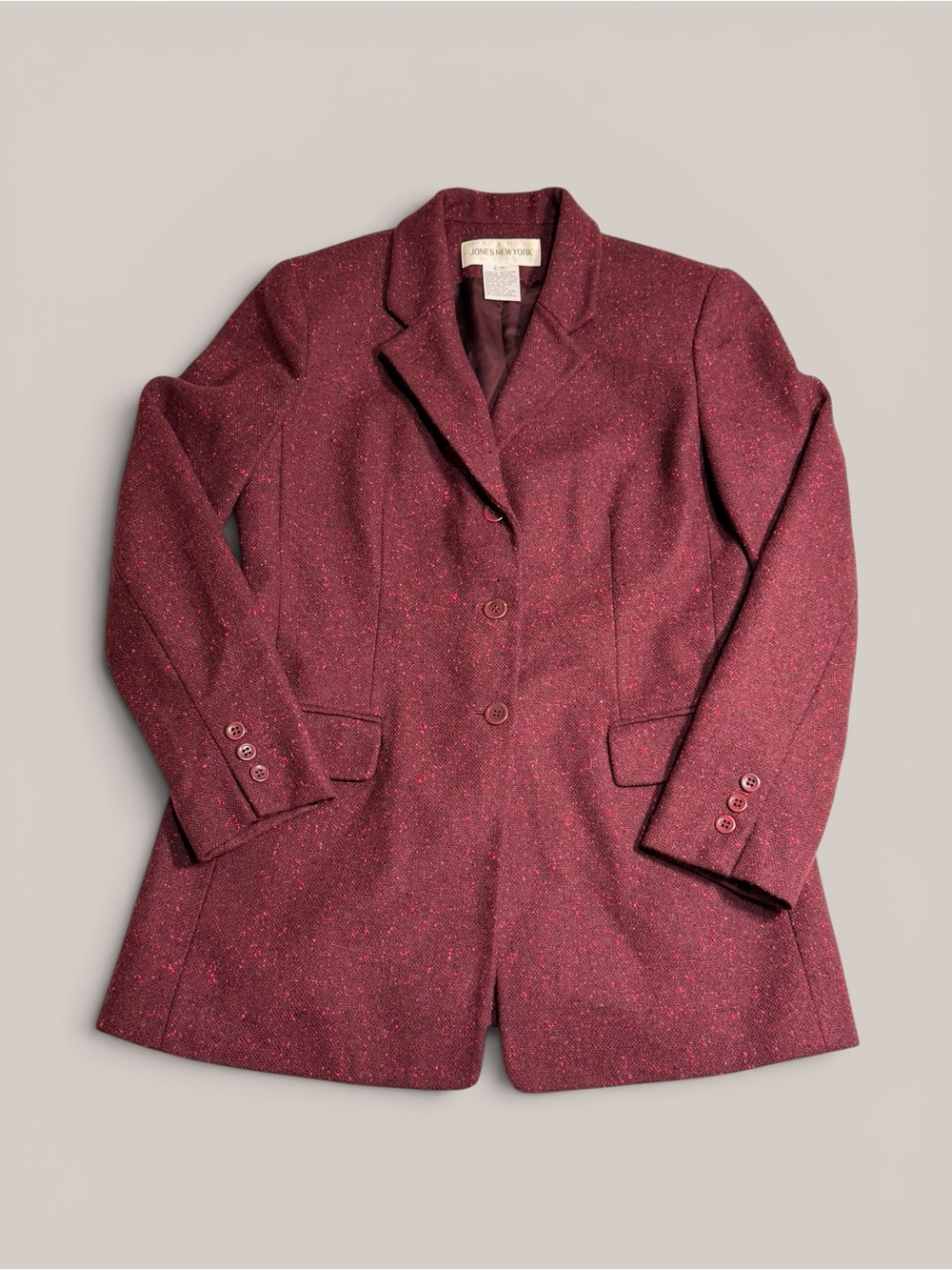 Y2k Vintage 90s Jones New York Burgundy 100% Pure Wool Blazer Jacket - Women 6